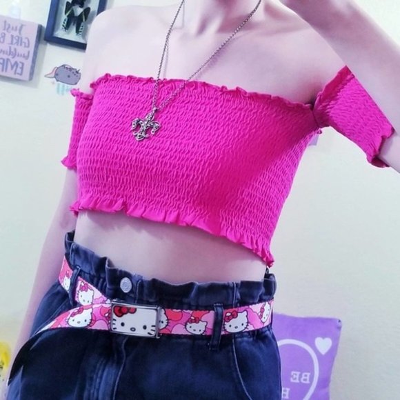 Zara Trafaluc Bright Pink Off Shoulder Ruched Cap Sleeve Crop Top - Picture 3 of 7